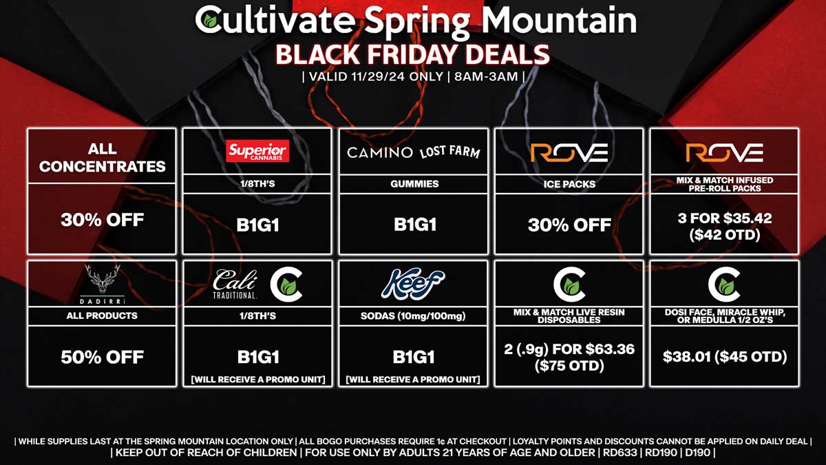 Cultivate Las Vegas Dispensary Daily Deals! Valid BLACK FRIDAY 11/29 Only | 8AM-3AM | While Supplies Last!