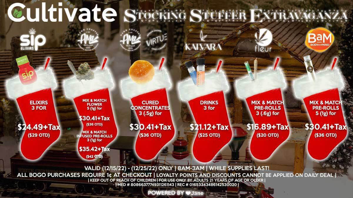 Cultivate Las Vegas Dispensary STOCKING STUFFER EXTRAVAGANZA Deals! Valid 12/15-12/25 Only | 8AM-3AM | While Supplies Last!