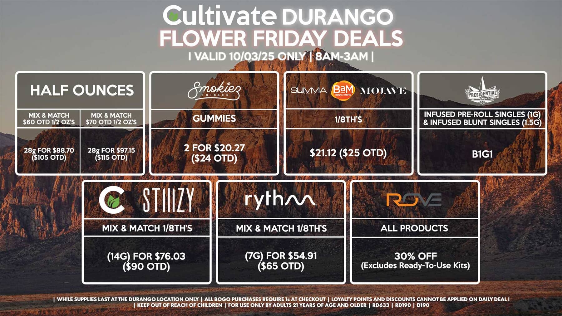 Cultivate Las Vegas DURANGO Dispensary Daily Deals! Valid FRIDAY 10/03 Only | 8AM-12AM | While Supplies Last!