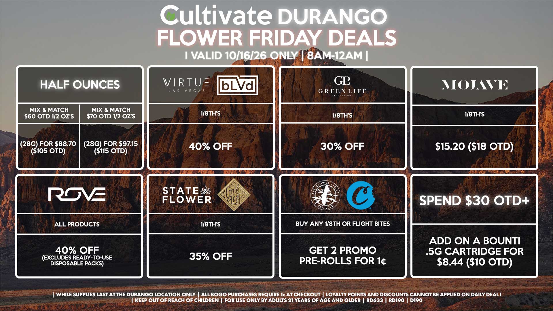 Cultivate Las Vegas DURANGO Dispensary Daily Deals! Valid FRIDAY 10/16 Only | 8AM-12AM | While Supplies Last!
