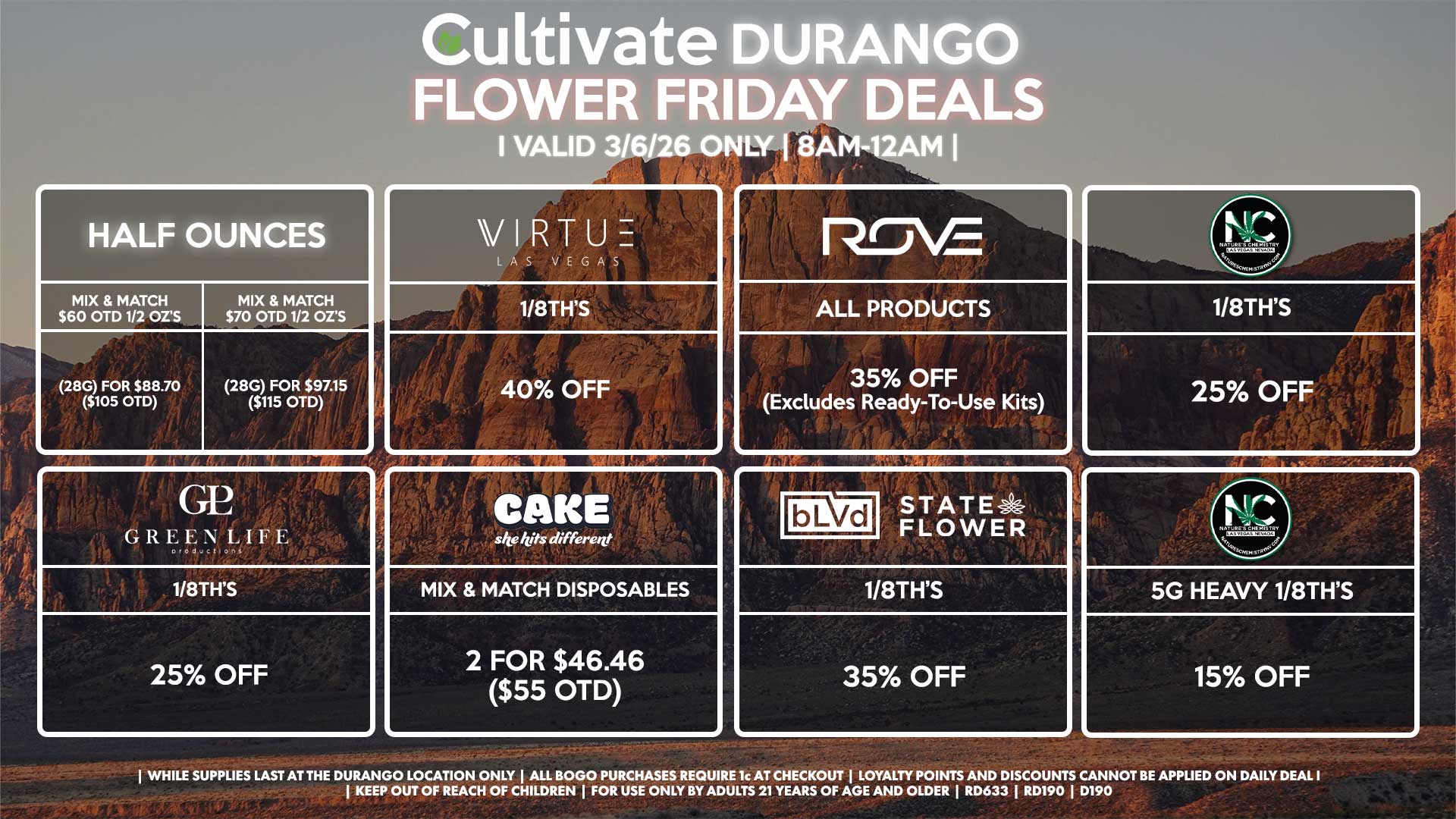 Cultivate Las Vegas DURANGO Dispensary Daily Deals! Valid FRIDAY 3/6 Only | 8AM-12AM | While Supplies Last!