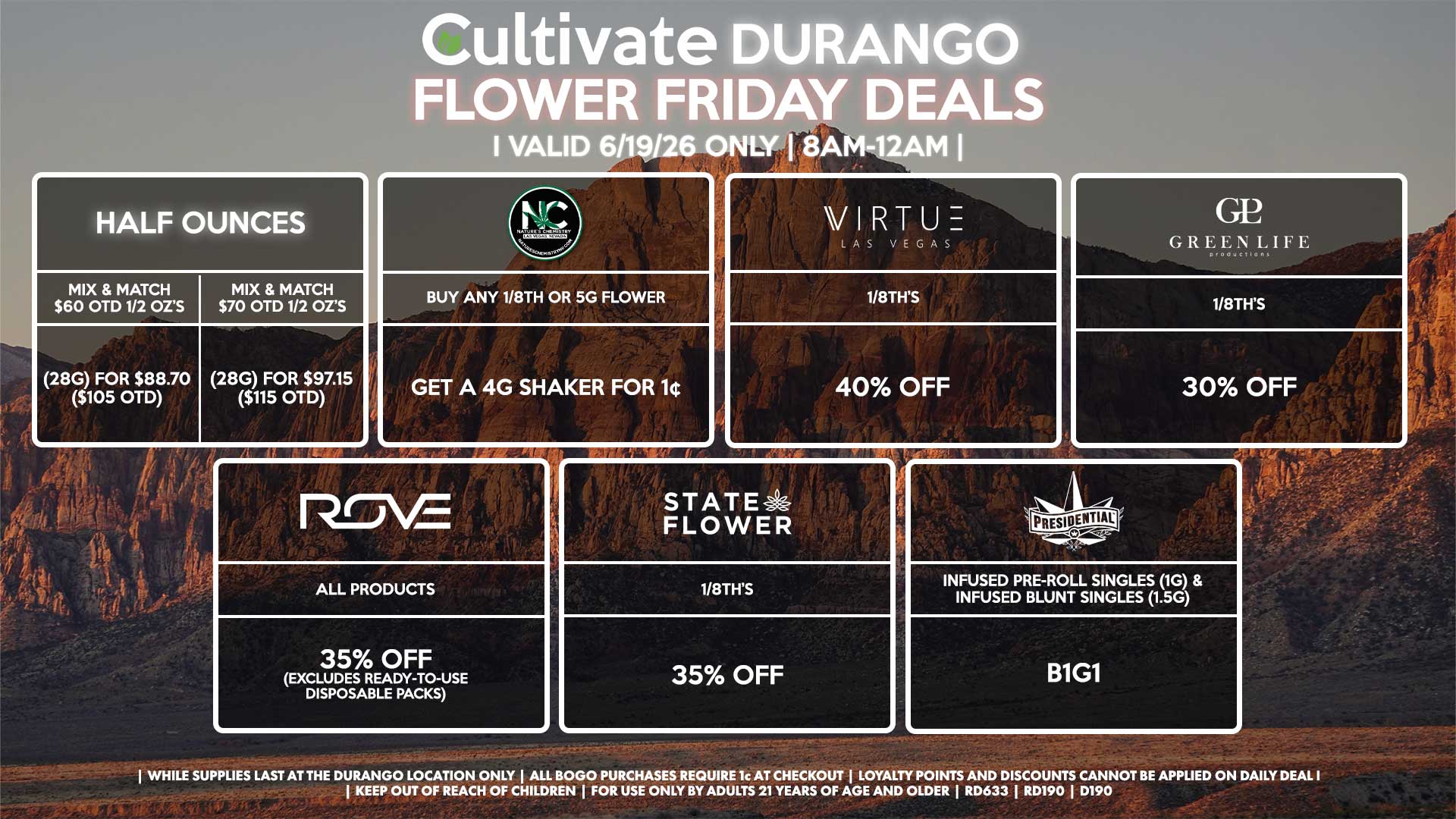 Cultivate Las Vegas DURANGO Dispensary Daily Deals! Valid FRIDAY 6/19 Only | 8AM-12AM | While Supplies Last!
