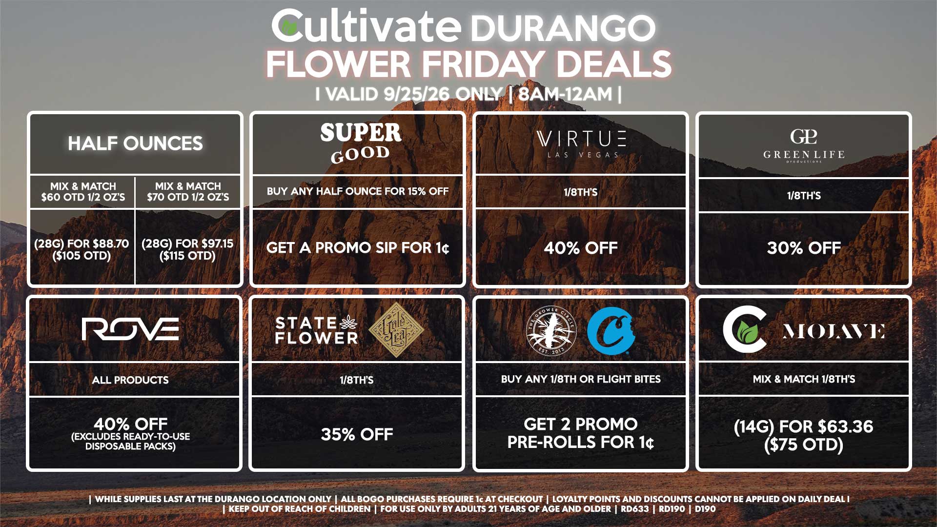 Cultivate Las Vegas DURANGO Dispensary Daily Deals! Valid FRIDAY 9/25 Only | 8AM-12AM | While Supplies Last!