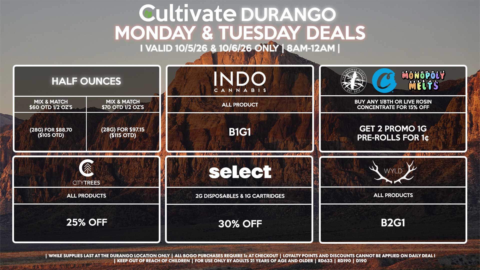 Cultivate Las Vegas DURANGO Dispensary Daily Deals! Valid MONDAY & TUESDAY 9/28-9/29 Only | 8AM-12AM | While Supplies Last!