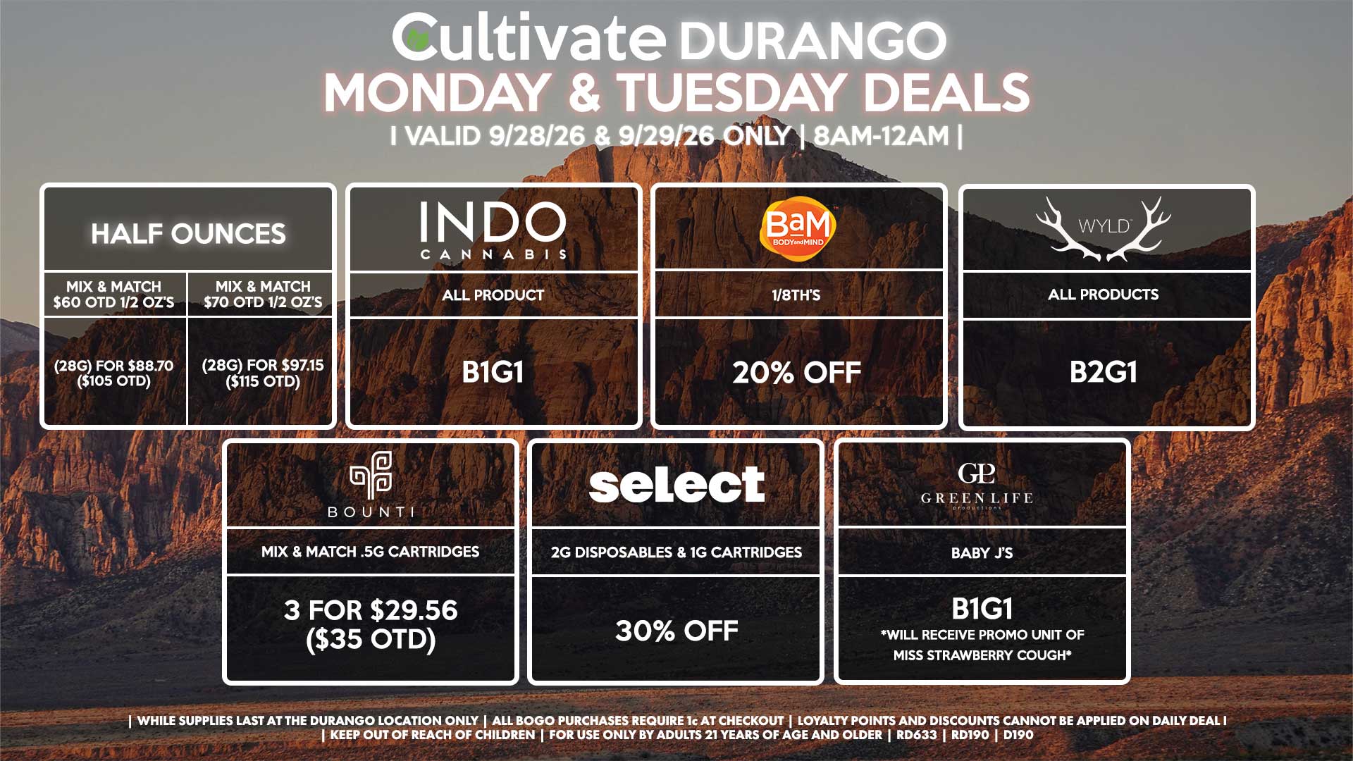 Cultivate Las Vegas DURANGO Dispensary Daily Deals! Valid MONDAY & TUESDAY 9/28-9/29 Only | 8AM-12AM | While Supplies Last!