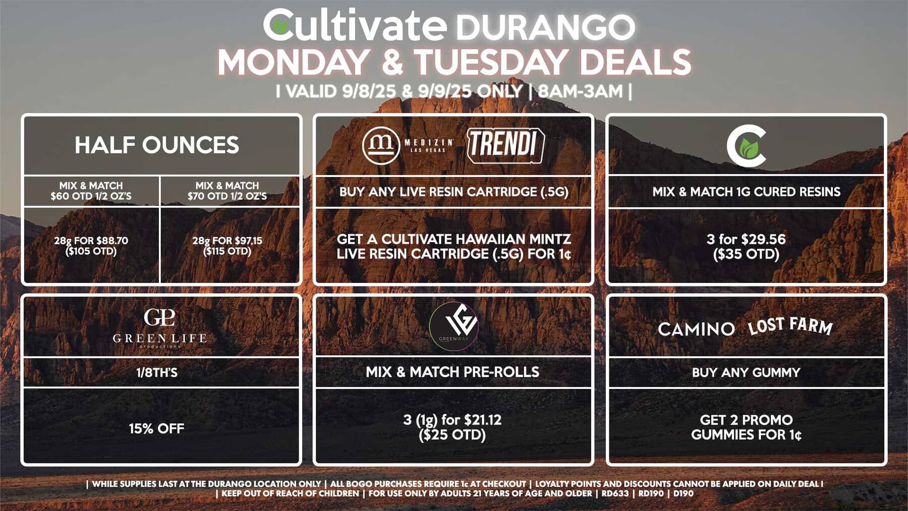 Cultivate Las Vegas DURANGO Dispensary Daily Deals! Valid MONDAY & TUESDAY 9/8-9/9 Only | 8AM-12AM | While Supplies Last!