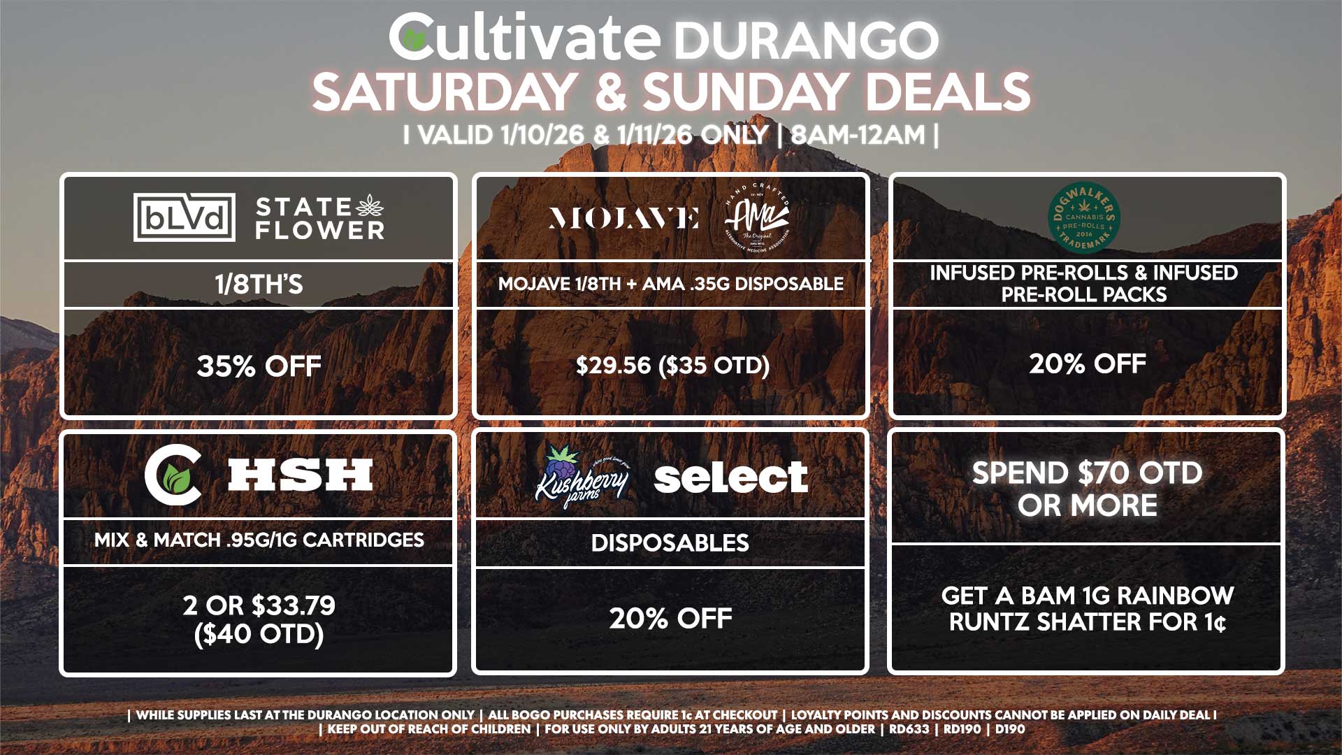 Cultivate Las Vegas DURANGO Dispensary Daily Deals! Valid SATURDAY & SUNDAY 1/10-1/11 Only | 8AM-12AM | While Supplies Last!