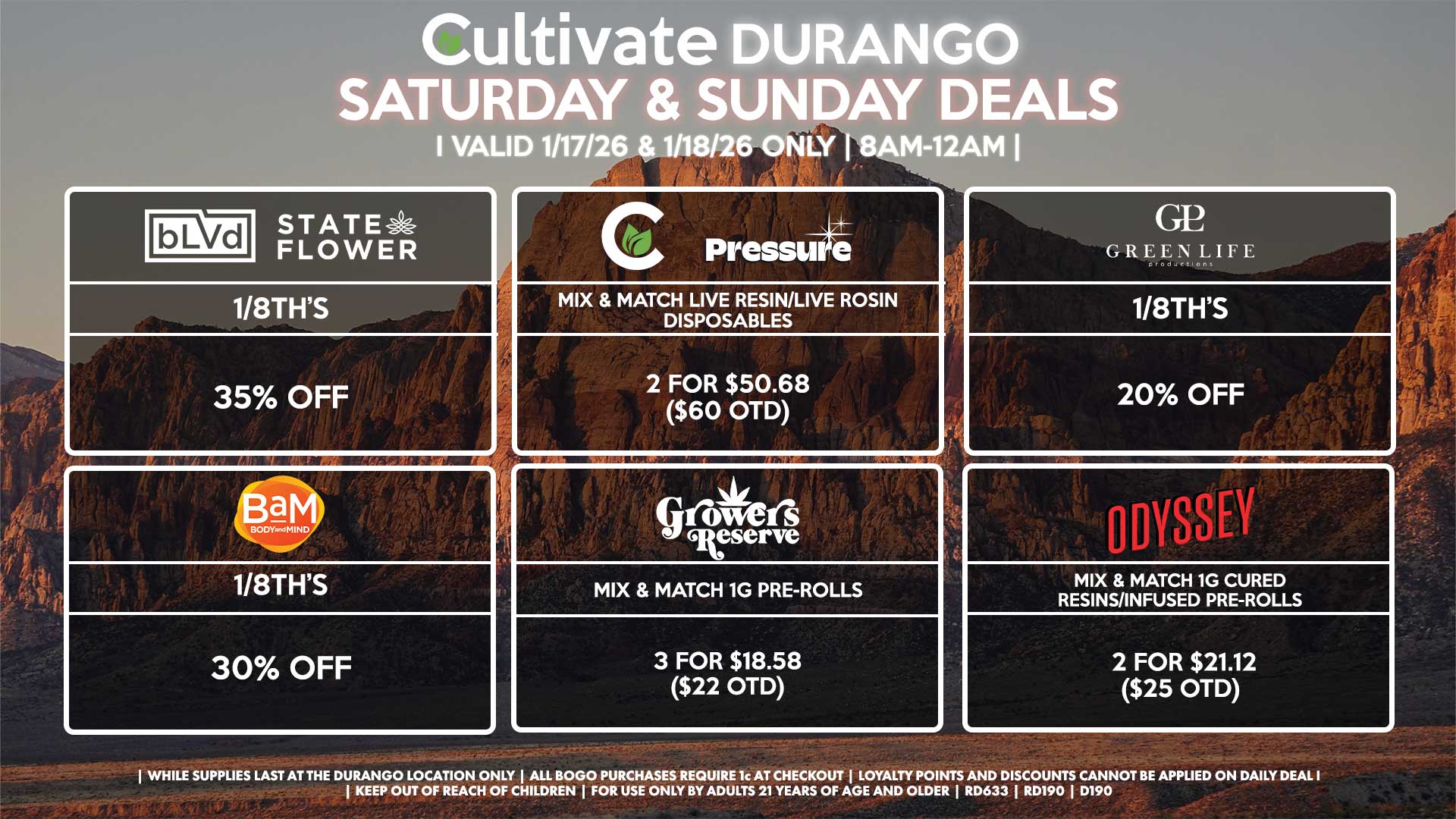 Cultivate Las Vegas DURANGO Dispensary Daily Deals! Valid SATURDAY & SUNDAY 1/17-1/18 Only | 8AM-12AM | While Supplies Last!