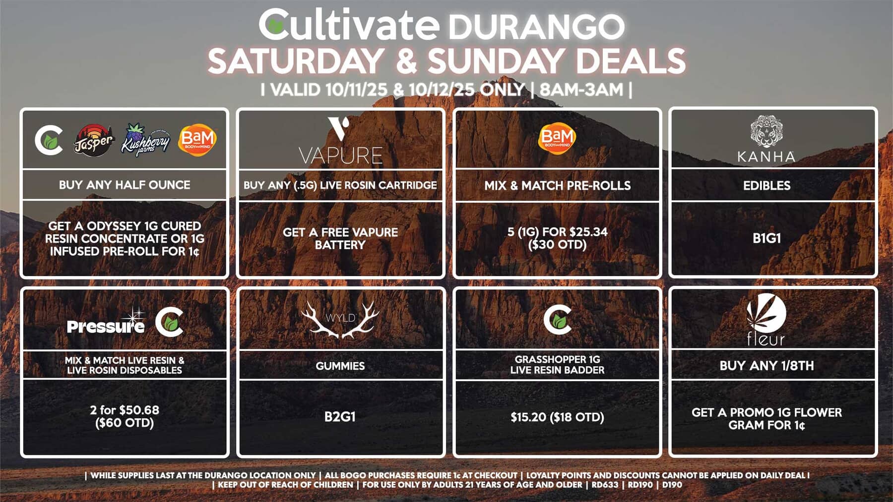 Cultivate Las Vegas DURANGO Dispensary Daily Deals! Valid SATURDAY & SUNDAY 10/11-10/12 Only | 8AM-12AM | While Supplies Last!
