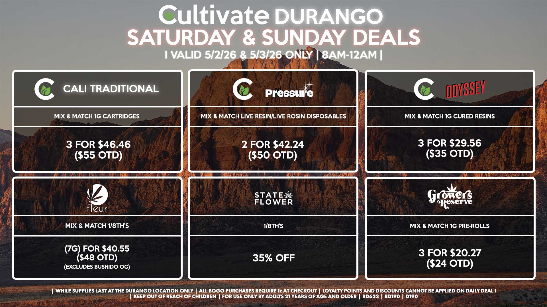 Cultivate Las Vegas DURANGO Dispensary Daily Deals! Valid SATURDAY & SUNDAY 5/2-5/3 Only | 8AM-12AM | While Supplies Last!