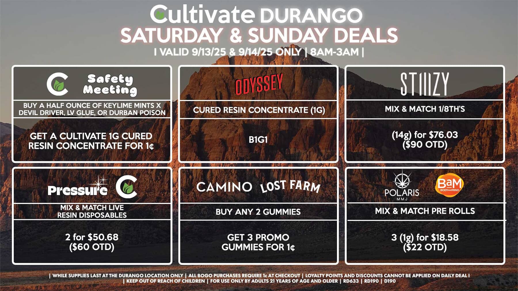 Cultivate Las Vegas DURANGO Dispensary Daily Deals! Valid SATURDAY & SUNDAY 9/13-9/14 Only | 8AM-12AM | While Supplies Last!