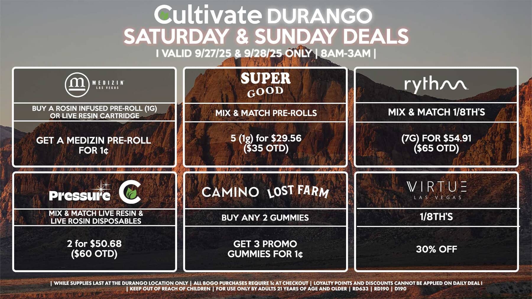 Cultivate Las Vegas DURANGO Dispensary Daily Deals! Valid SATURDAY & SUNDAY 9/27-9/28 Only | 8AM-12AM | While Supplies Last!