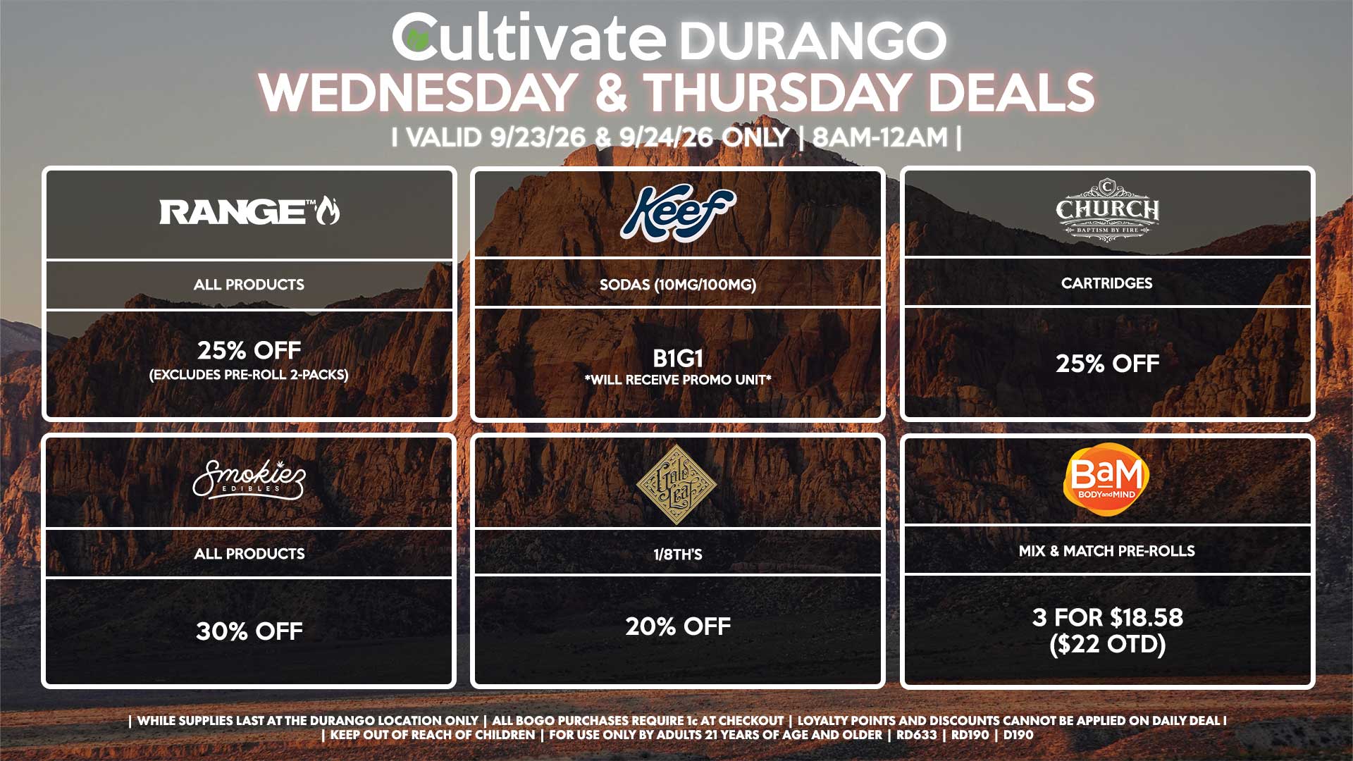 Cultivate Las Vegas DURANGO Dispensary Daily Deals! Valid WEDNESDAY & THURSDAY 9/23-9/24 Only | 8AM-12AM | While Supplies Last!