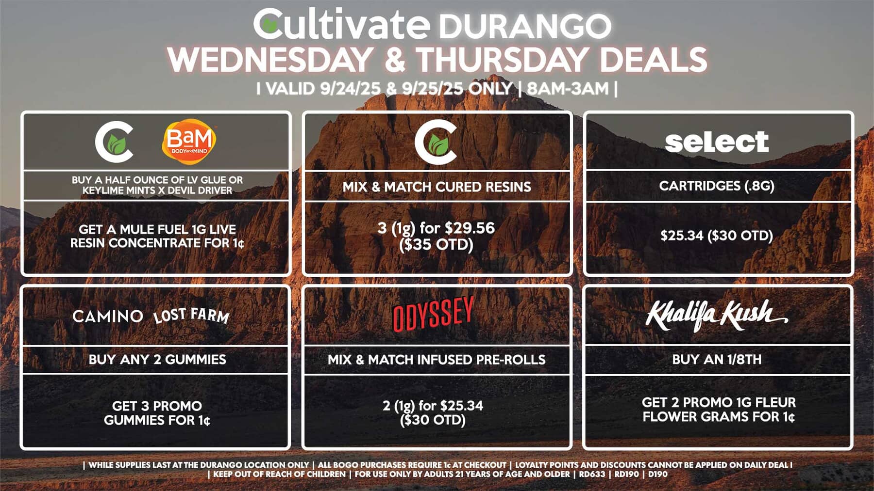 Cultivate Las Vegas DURANGO Dispensary Daily Deals! Valid WEDNESDAY & THURSDAY 9/24-9/25 Only | 8AM-12AM | While Supplies Last!