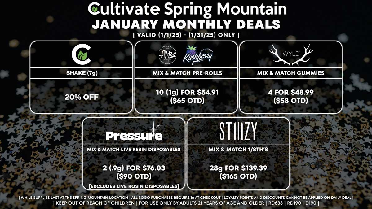 Cultivate Las Vegas Dispensary Daily Deals! Valid Month of January 1/1-1/31 Only | While Supplies Last!