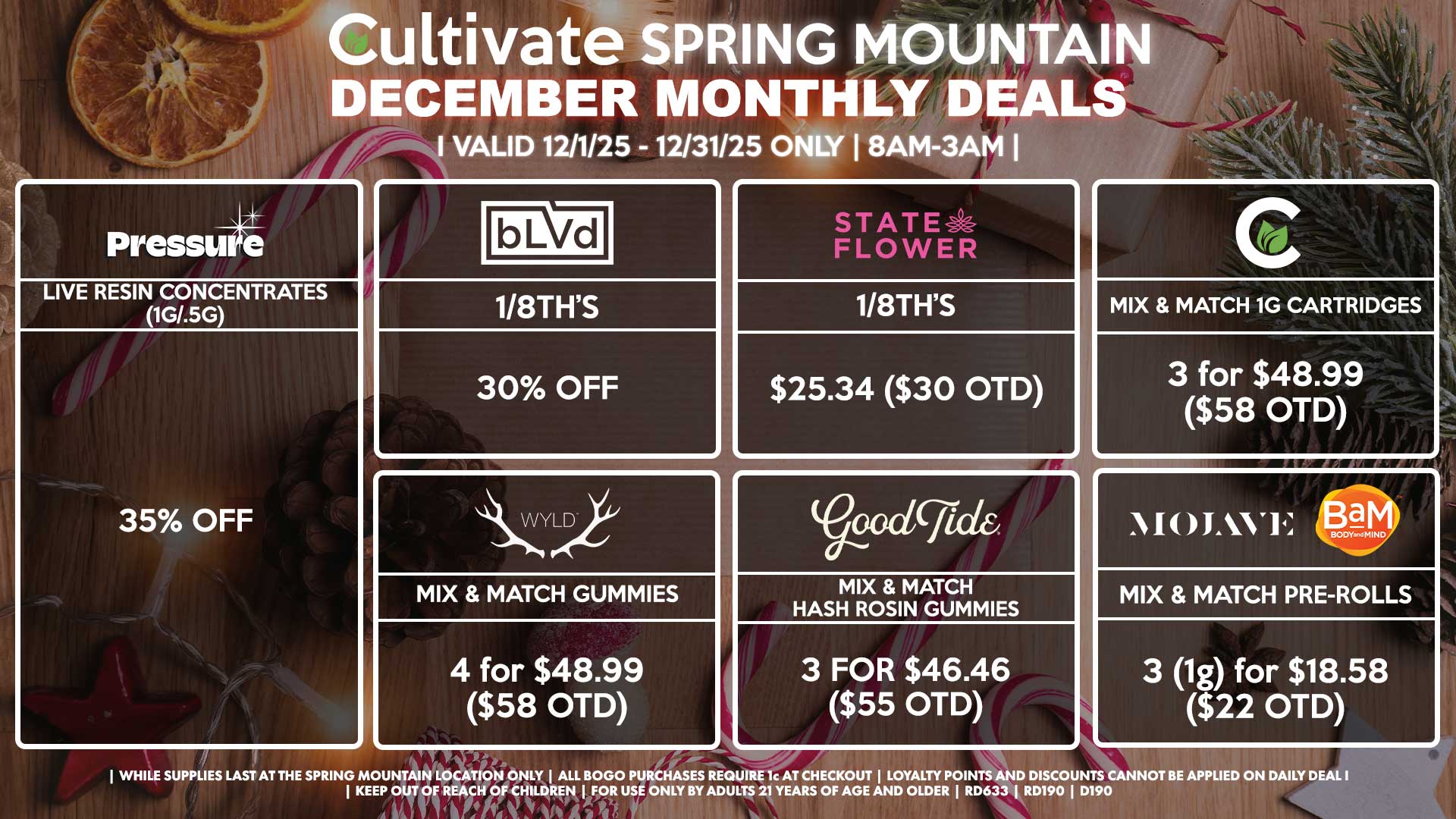 Cultivate Las Vegas SPRING MOUNTAIN Dispensary Monthly Deals! Valid Month of December 12/1-12/31 Only | 8AM-3AM | While Supplies Last!