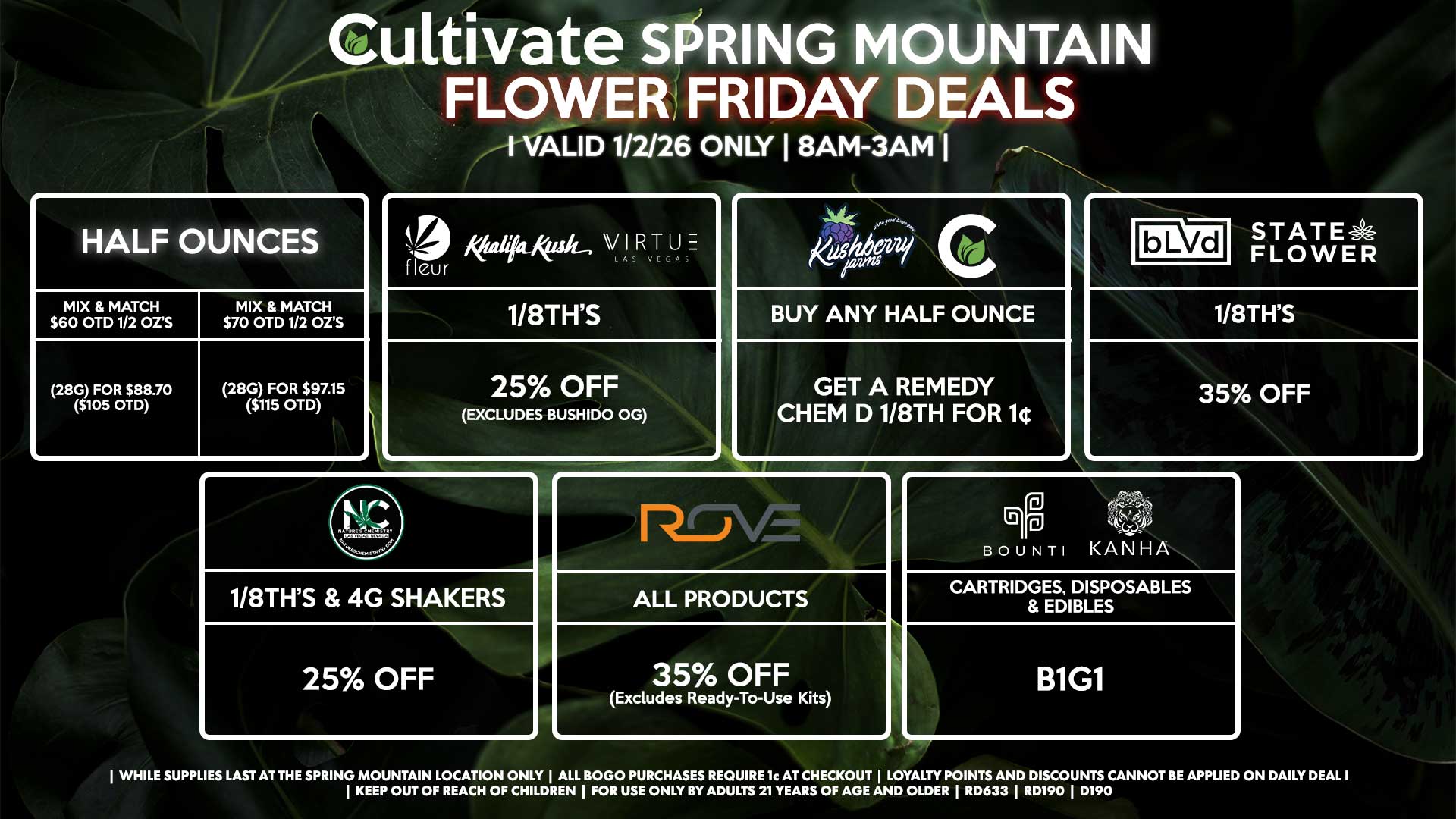 Cultivate Las Vegas SPRING MOUNTAIN Dispensary Daily Deals! Valid FRIDAY 1/2 Only | 8AM-3AM | While Supplies Last!