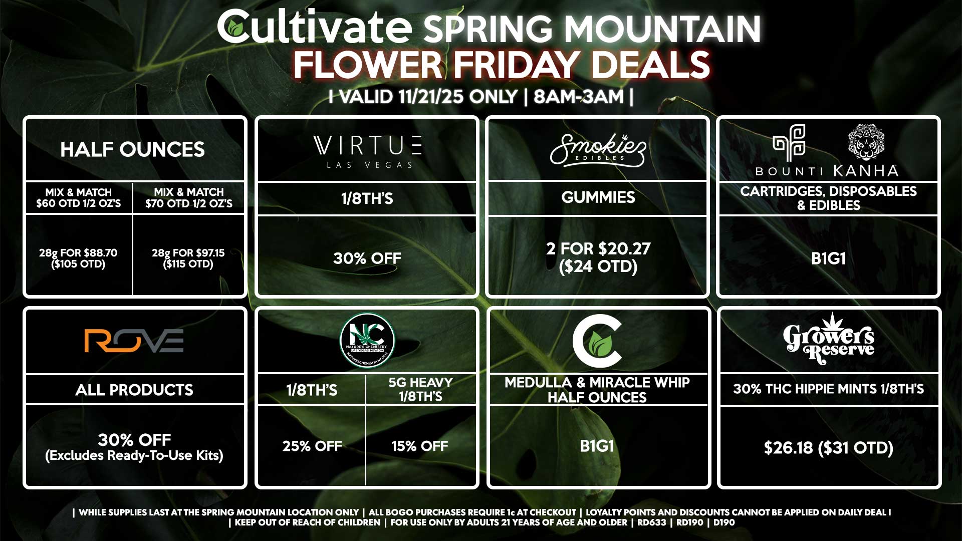 Cultivate Las Vegas SPRING MOUNTAIN Dispensary Daily Deals! Valid FRIDAY 11/21 Only | 8AM-3AM | While Supplies Last!