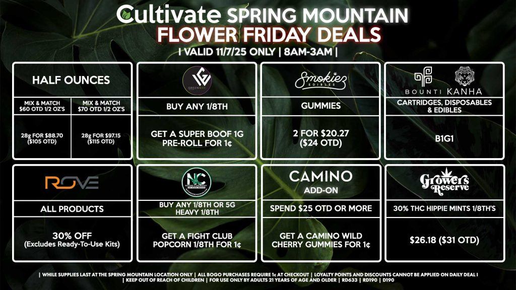 Cultivate Las Vegas SPRING MOUNTAIN Dispensary Daily Deals! Valid FRIDAY 11/7 Only | 8AM-3AM | While Supplies Last!
HALF OUNCES
- Mix & Match $60 OTD 1/2 OZ’s (28g) for $88.70 ($105 OTD)
- Mix & Match $70 OTD 1/2 OZ’s (28g) for $97.15 ($115 OTD)
BOUNTI/KANHA
- Cartridges, Disposables & Edibles B1G1
ROVE
- 30% OFF All Products (Excludes Ready-To-Use Kits)
SMOKIEZ
- Gummies 2 for $20.27 ($24 OTD)
NATURE’S CHEMISTRY
- Buy Any 1/8th or 5g Heavy 1/8th, Get a Fight Club Popcorn 1/8th for 1¢
GREENWAY
- Buy Any 1/8th, Get a Super Boof 1g Pre-Roll for 1¢
GROWERS RESERVE
- 30% THC Hippie Mints 1/8th’s for $26.18 ($31 OTD)
CAMINO
- Spend $25 OTD or More, Get a Camino Wild Cherry Gummies for 1¢
| Valid Friday (11/7/25) at the Spring Mountain Location only, while supplies last | All BOGO purchases require 1¢ at checkout. | All deals include tax | Keep out of reach of children. For use only by adults 21 years of age and older. | Open 8AM to 3AM | Visit cultivatelv.com for more information |