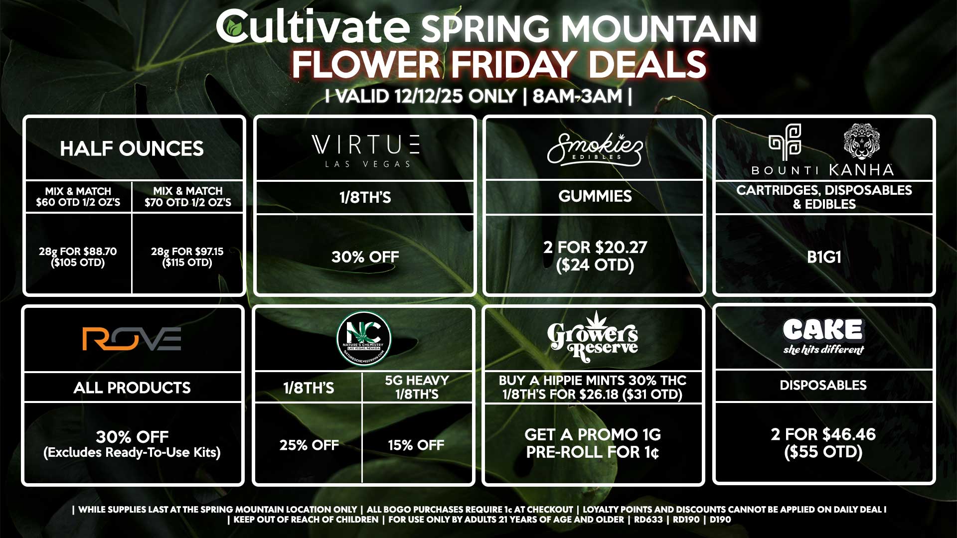Cultivate Las Vegas SPRING MOUNTAIN Dispensary Daily Deals! Valid FRIDAY 12/12 Only | 8AM-3AM | While Supplies Last!