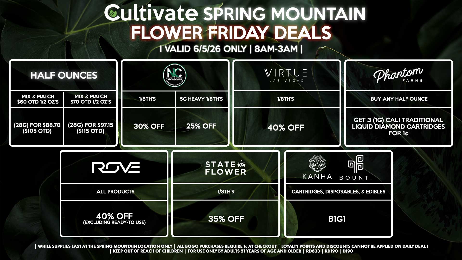 Cultivate Las Vegas SPRING MOUNTAIN Dispensary Daily Deals! Valid FRIDAY 6/5 Only | 8AM-3AM | While Supplies Last!