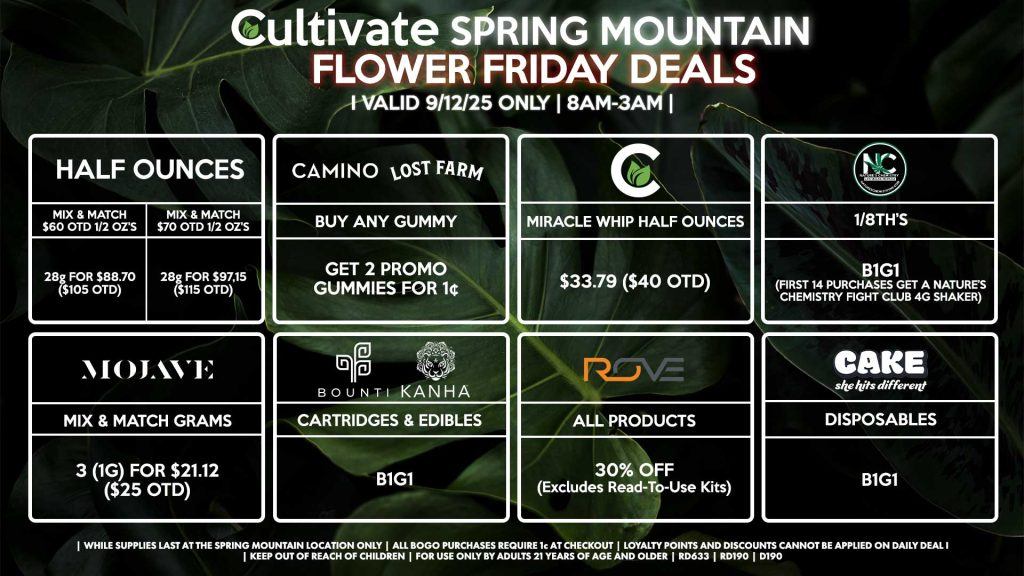 Cultivate Las Vegas Dispensary Daily Deals! Valid FRIDAY 9/12 Only | 8AM-3AM | While Supplies Last! HALF OUNCES - Mix & Match $60 OTD 1/2 OZ’s (28g) for $88.70 ($105 OTD) - Mix & Match $70 OTD 1/2 OZ’s (28g) for $97.15 ($115 OTD) NATURE’S CHEMISTRY - 1/8th’s for B1G1 (First 14 Purchases Get a Nature’s Chemistry Fight Club 4g Shaker) CULTIVATE - Miracle Whip Half Ounces for $33.79 ($40 OTD) MOJAVE - Mix & Match Grams 3 (1g) for $21.12 ($25 OTD) BOUNTI/KANHA - Cartridges & Edibles B1G1 ROVE - 30% OFF All Products (Excludes Read-To-Use Kits) CAMINO/LOST FARMS - Buy Any Gummy, Get 2 Promo Gummies for 1¢ CAKE - Disposables B1G1 | Valid Friday (9/12/25) at the Spring Mountain Location only, while supplies last | All BOGO purchases require 1¢ at checkout. | All deals include tax | Keep out of reach of children. For use only by adults 21 years of age and older. | Open 8AM to 3AM | Visit cultivatelv.com for more information |