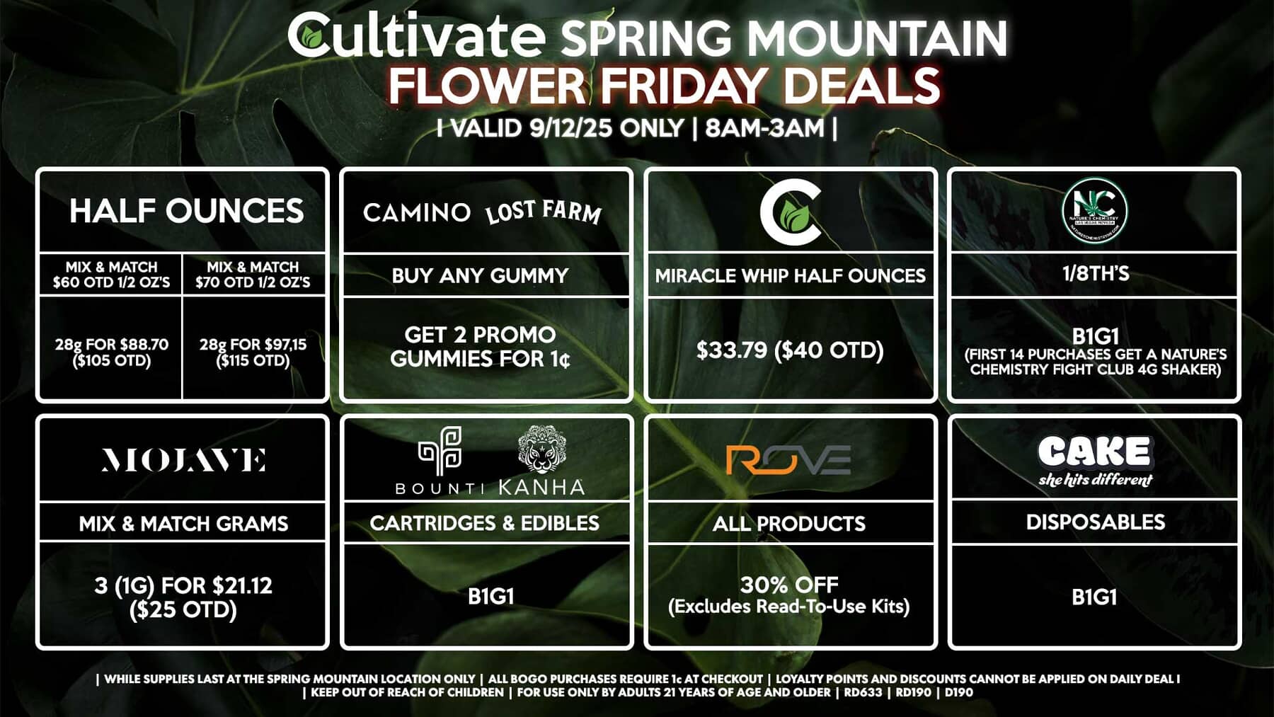 Cultivate Las Vegas SPRING MOUNTAIN Dispensary Daily Deals! Valid FRIDAY 9/12 Only | 8AM-3AM | While Supplies Last!