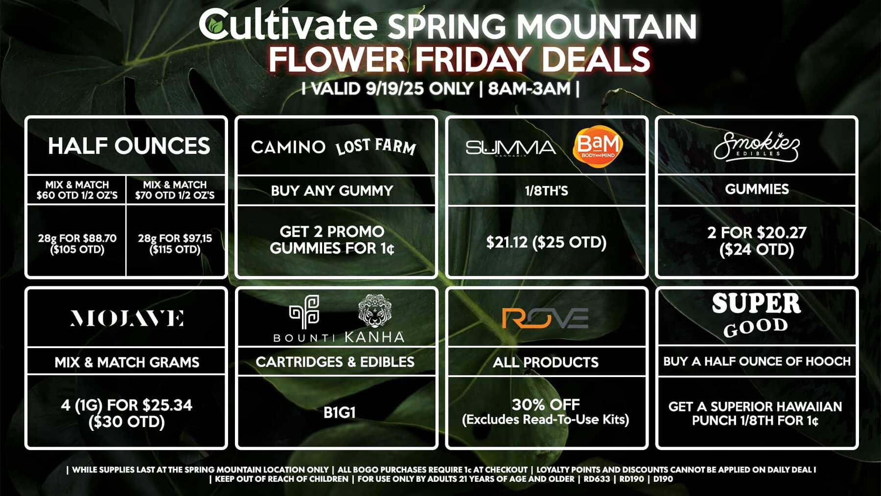 Cultivate Las Vegas SPRING MOUNTAIN Dispensary Daily Deals! Valid FRIDAY 9/19 Only | 8AM-3AM | While Supplies Last!