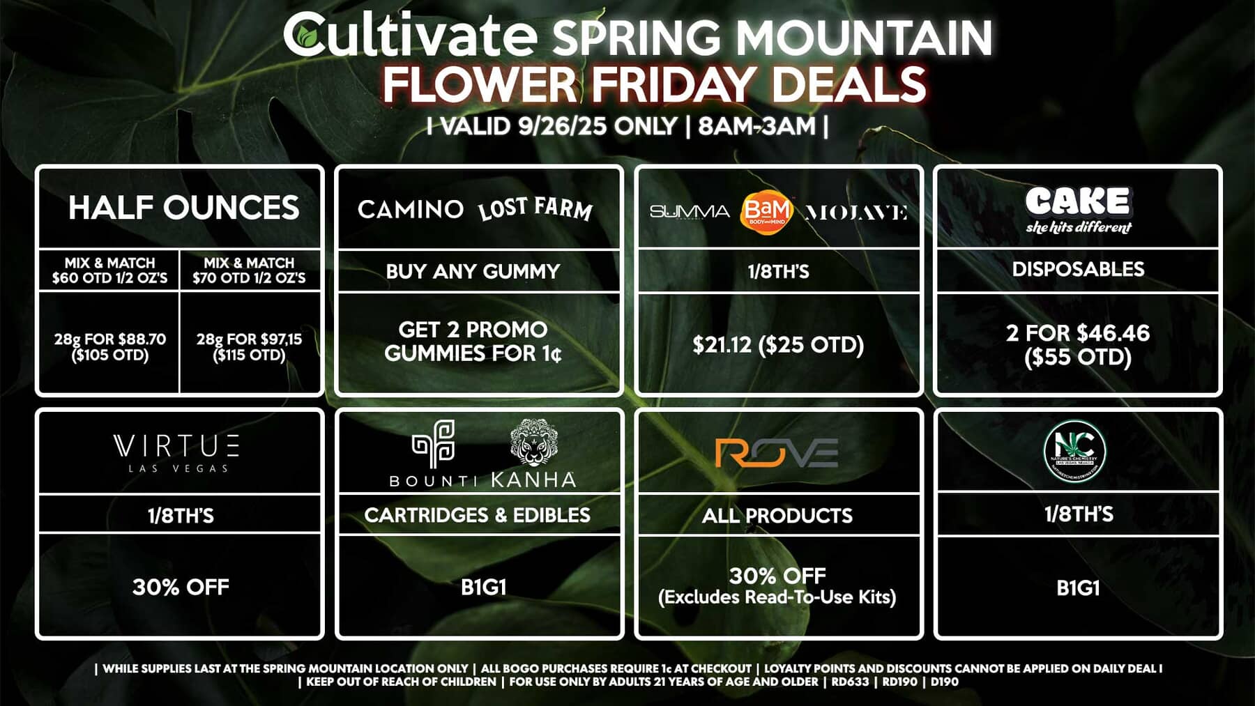 Cultivate Las Vegas SPRING MOUNTAIN Dispensary Daily Deals! Valid FRIDAY 9/26 Only | 8AM-3AM | While Supplies Last!