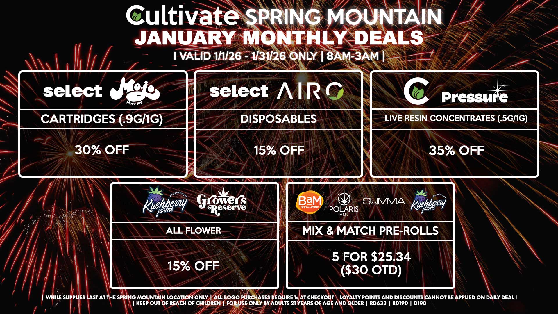 Cultivate Las Vegas SPRING MOUNTAIN Dispensary Monthly Deals! Valid Month of January 1/1-1/31 Only | 8AM-3AM | While Supplies Last!