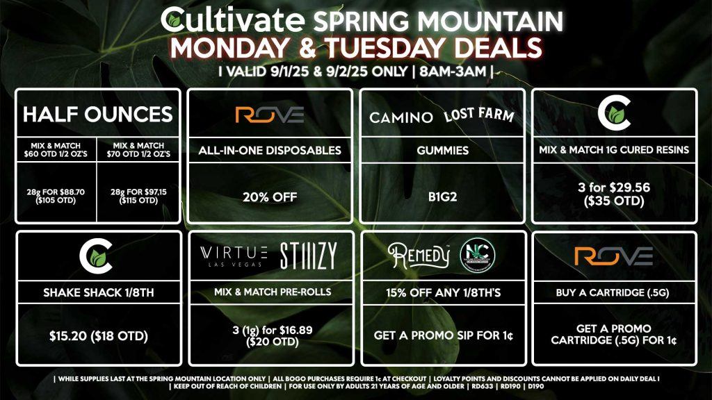 Cultivate Las Vegas Dispensary Daily Deals! Valid MONDAY & TUESDAY 9/1-9/2 Only | 8AM-3AM | While Supplies Last! HALF OUNCES - Mix & Match $60 OTD 1/2 Oz’s 28g for $88.70 ($105 OTD) - Mix & Match $70 OTD 1/2 Oz’s 28g for $97.15 ($115 OTD) NATURE’S CHEMISTRY/REMEDY - 15% OFF Any 1/8th’s, Get a Promo SIP for 1¢ CULTIVATE - Mix & Match 1g Cured Resins 3 for $29.56 ($35 OTD) - Shake Shack 1/8th for $15.20 ($18 OTD) ROVE - 20% Off All-In-One Disposables - Buy a Disposable (.5g), Get a Promo Disposable (.5g) for 1¢ VIRTUE/STIIIZY - Mix & Match Pre-Rolls 3 (1g) for $16.89 ($20 OTD) CAMINO/LOST FARMS - Gummies B1G2 | Valid Monday (9/1/25) and Tuesday (9/2/25) at the Spring Mountain Location only, while supplies last | All BOGO purchases require 1¢ at checkout. | All deals include tax | Keep out of reach of children. For use only by adults 21 years of age and older. | Open 8AM to 3AM | Visit cultivatelv.com for more information |