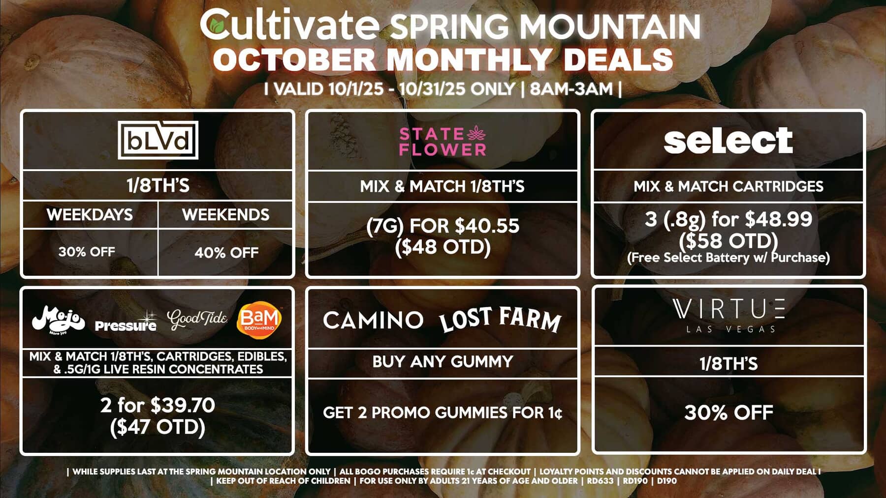 Cultivate Las Vegas SPRING MOUNTIAN Dispensary Monthly Deals! Valid Month of October 10/1-10/31 Only | 8AM-3AM | While Supplies Last!