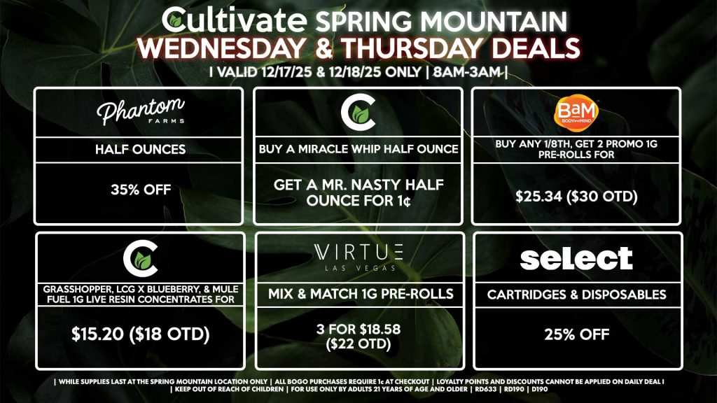 Cultivate Las Vegas SPRING MOUNTAIN Dispensary Daily Deals! Valid WEDNESDAY & THURSDAY 12/17-12/18 Only | 8AM-3AM | While Supplies Last! PHANTOM FARMS - Half Ounces for 35% Off BAM - Buy Any 1/8th, Get 2 Promo 1g Pre-Rolls for $25.34 ($30 OTD) CULTIVATE - Grasshopper, LCG x Blueberry, & Mule Fuel 1g Live Resin Concentrates for $15.20 ($18 OTD) - Buy a Miracle Whip Half Ounce, Get a Mr. Nasty Half Ounce for 1¢ VIRTUE - Mix & Match 1g Pre-Rolls 3 for $18.58 ($22 OTD) SELECT - Cartridges & Disposables for 25% Off | Valid Wednesday (12/17/25) and Thursday (12/18/26) at the Spring Mountain Location only, while supplies last | All BOGO purchases require 1¢ at checkout. | All deals include tax | Keep out of reach of children. For use only by adults 21 years of age and older. | Open 8AM to 3AM | Visit cultivatelv.com for more information |