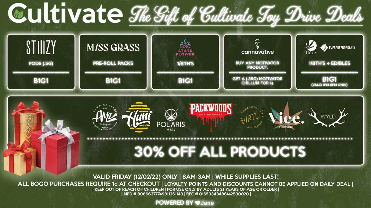 Cultivate Las Vegas Dispensary Daily Deals! Valid FRIDAY 12/2 Only | 8AM-3AM | While Supplies Last!