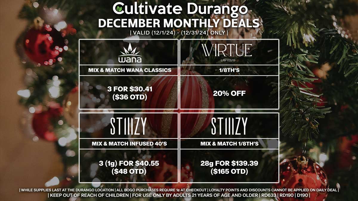 Cultivate Las Vegas Dispensary Daily Deals! Valid Month of December 12/1-12/31 Only | 8AM-12AM | While Supplies Last!