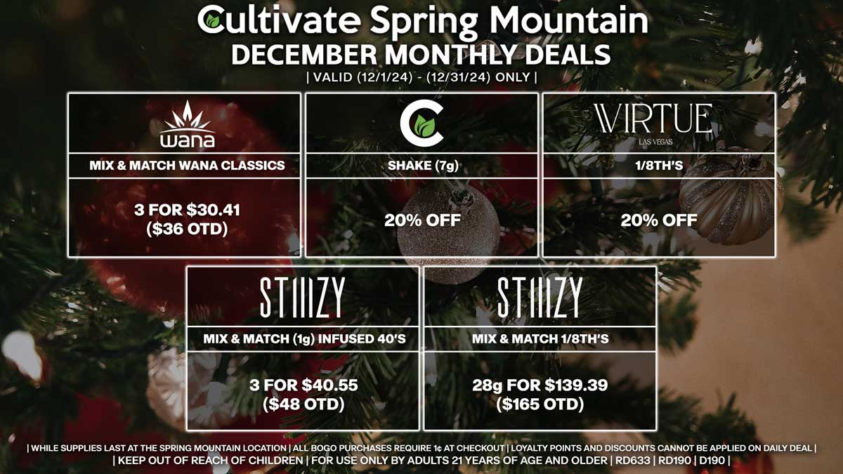 Cultivate Las Vegas Dispensary Daily Deals! Valid Month of December 12/1-12/31 Only | While Supplies Last!