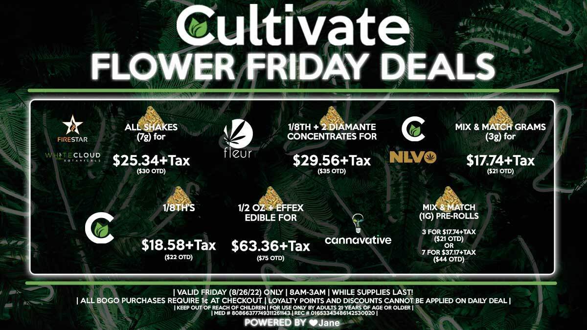 Cultivate Las Vegas Dispensary Daily Deals! Valid FRIDAY 8/26 Only | 8AM-3AM | While Supplies Last!