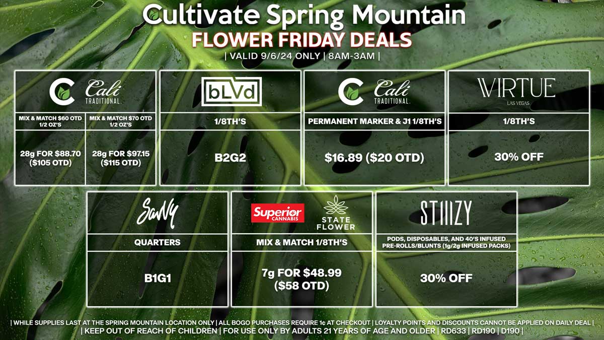 Cultivate Las Vegas Dispensary Daily Deals! Valid FRIDAY 9/6 Only | 8AM-3AM | While Supplies Last!