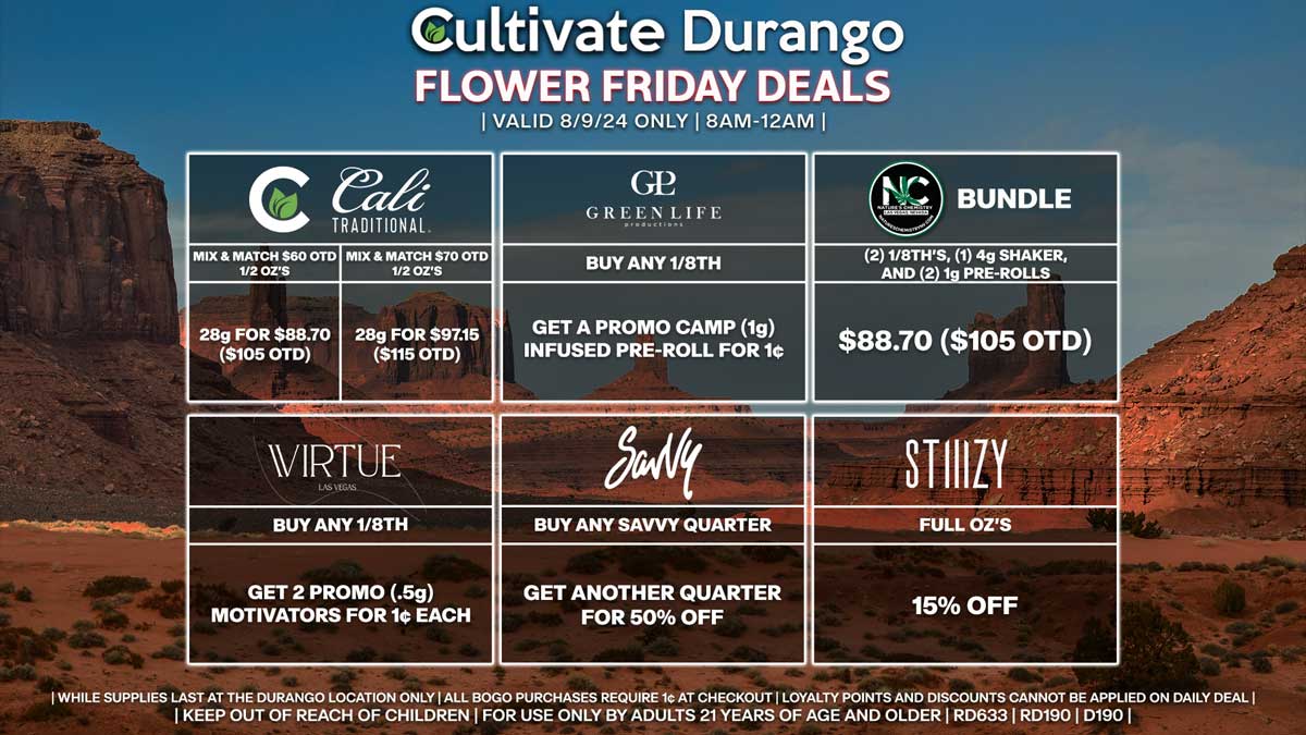 Cultivate Las Vegas Dispensary Daily Deals! Valid FRIDAY 8/9 Only | 8AM-12AM | While Supplies Last!