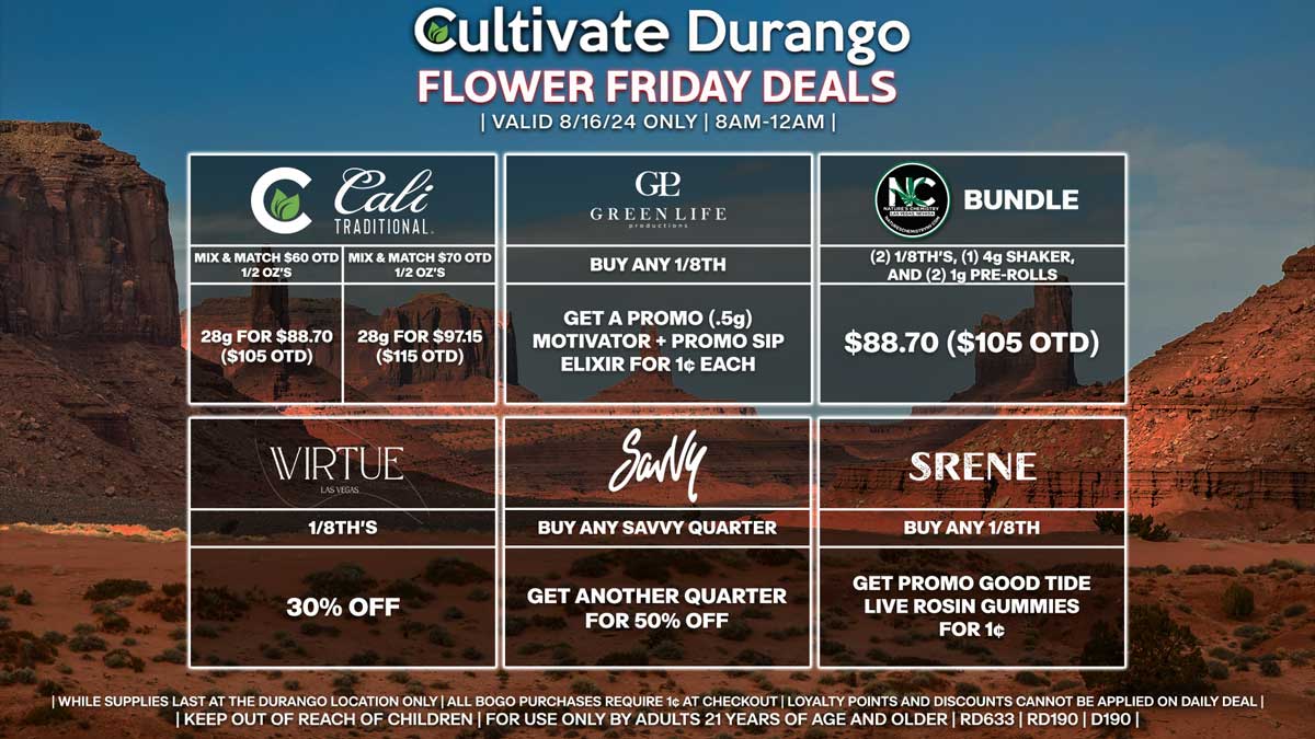 Cultivate Las Vegas Dispensary Daily Deals! Valid FRIDAY 8/16 Only | 8AM-12AM | While Supplies Last!