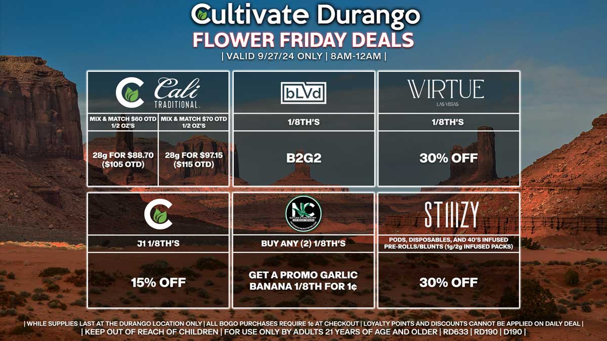 Cultivate Las Vegas Dispensary Daily Deals! Valid FRIDAY 9/27 Only | 8AM-12AM | While Supplies Last!