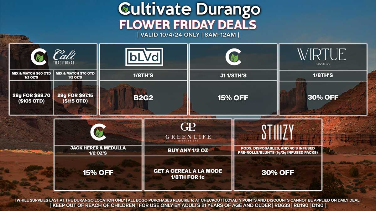 Cultivate Las Vegas Dispensary Daily Deals! Valid FRIDAY 10/4 Only | 8AM-12AM | While Supplies Last!