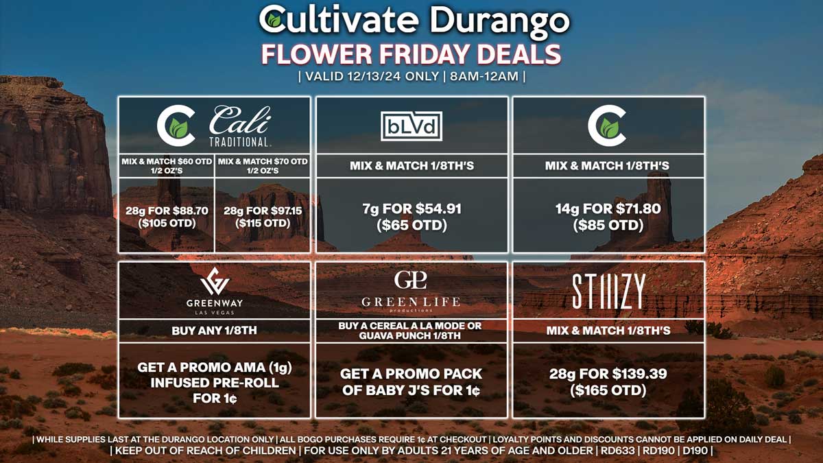 Cultivate Las Vegas Dispensary Daily Deals! Valid FRIDAY 12/13 Only | 8AM-12AM | While Supplies Last!