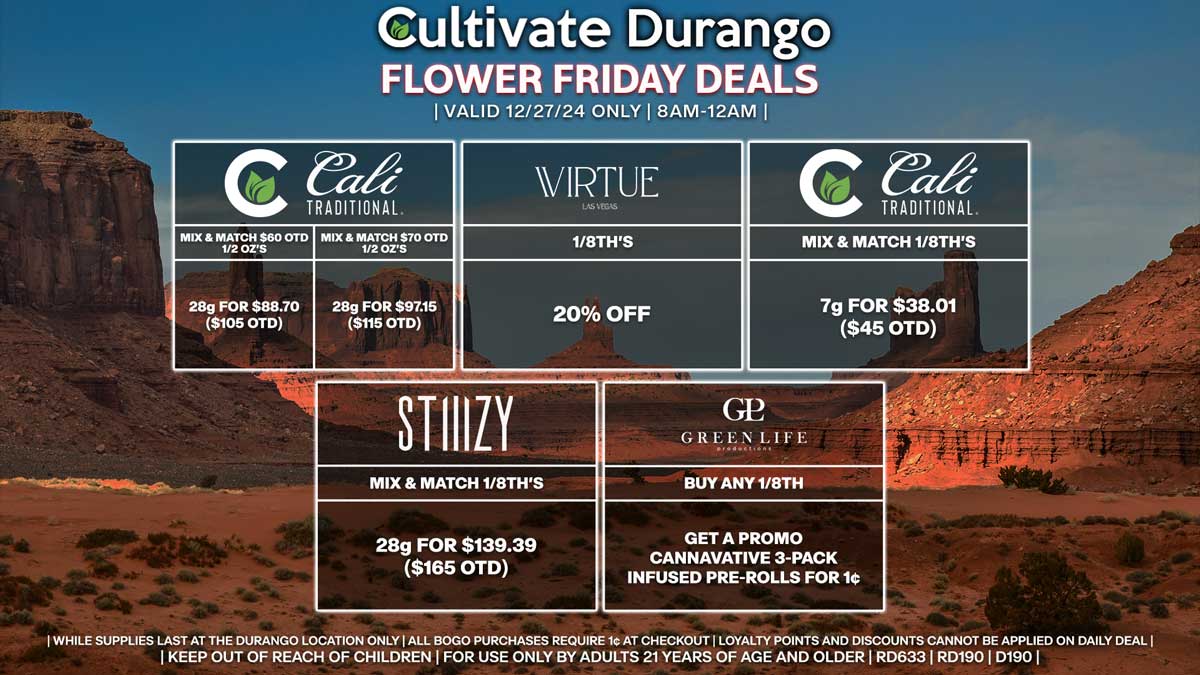 Cultivate Las Vegas Dispensary Daily Deals! Valid FRIDAY 12/27 Only | 8AM-12AM | While Supplies Last!