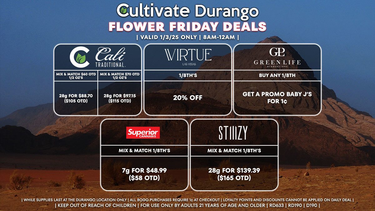 Cultivate Las Vegas Dispensary Daily Deals! Valid FRIDAY 1/3 Only | 8AM-12AM | While Supplies Last!