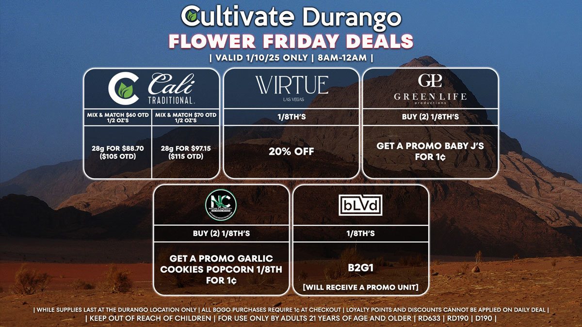 Cultivate Las Vegas Dispensary Daily Deals! Valid FRIDAY 1/10 Only | 8AM-12AM | While Supplies Last!