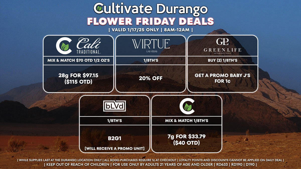 Cultivate Las Vegas Dispensary Daily Deals! Valid FRIDAY 1/17 Only | 8AM-12AM | While Supplies Last!