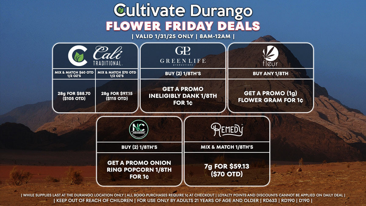 Cultivate Las Vegas Dispensary Daily Deals! Valid FRIDAY 1/31 Only | 8AM-12AM | While Supplies Last!