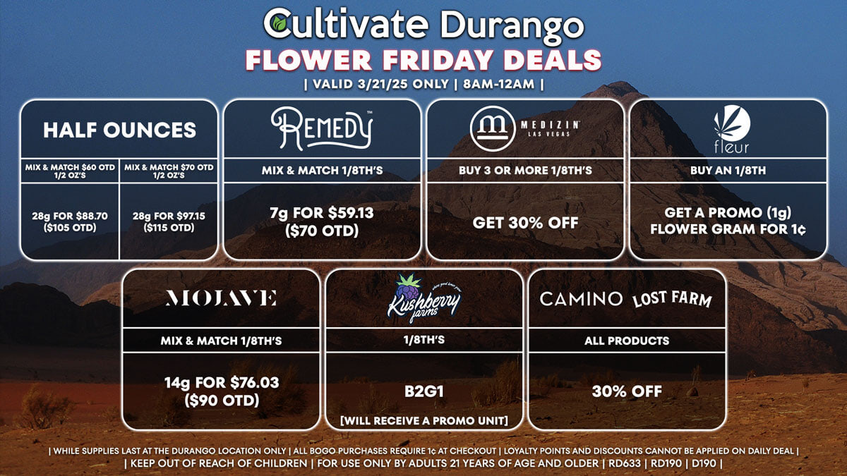 Cultivate Las Vegas Dispensary Daily Deals! Valid FRIDAY 3/21 Only | 8AM-12AM | While Supplies Last!