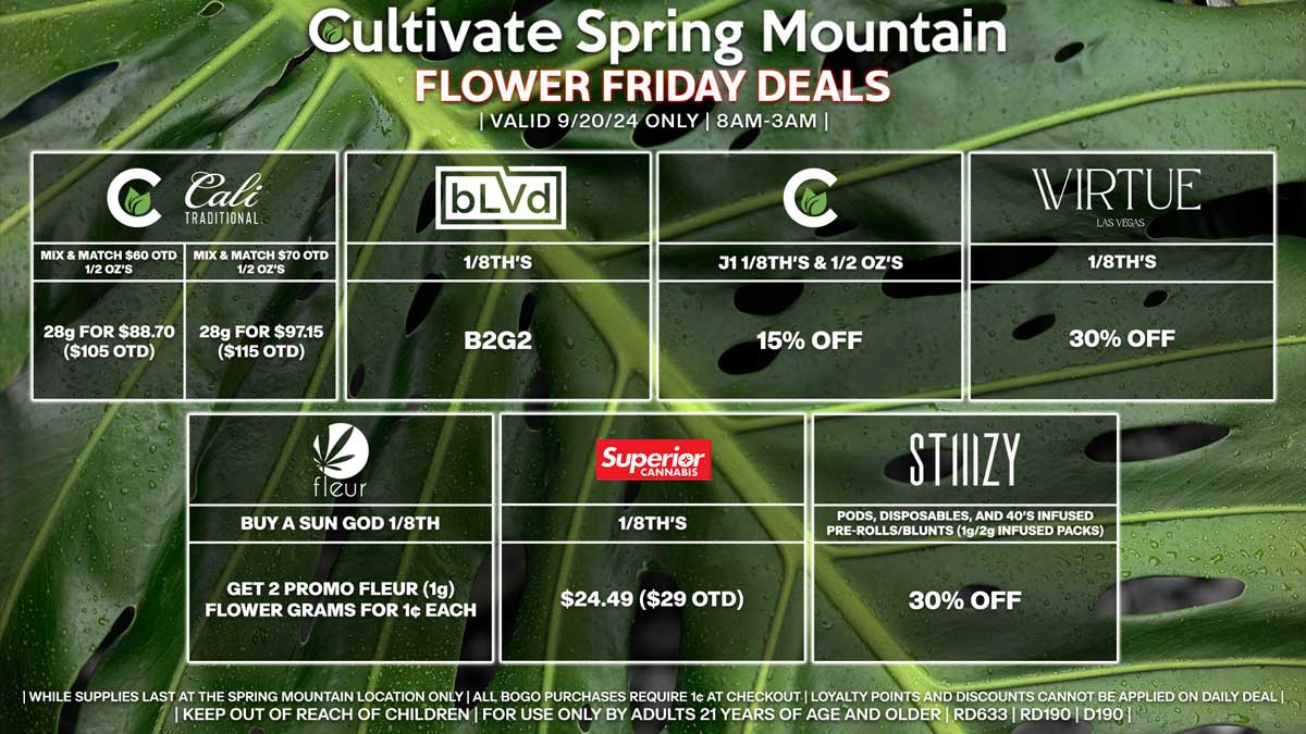 Cultivate Las Vegas Dispensary Daily Deals! Valid FRIDAY 9/20 Only | 8AM-3AM | While Supplies Last!